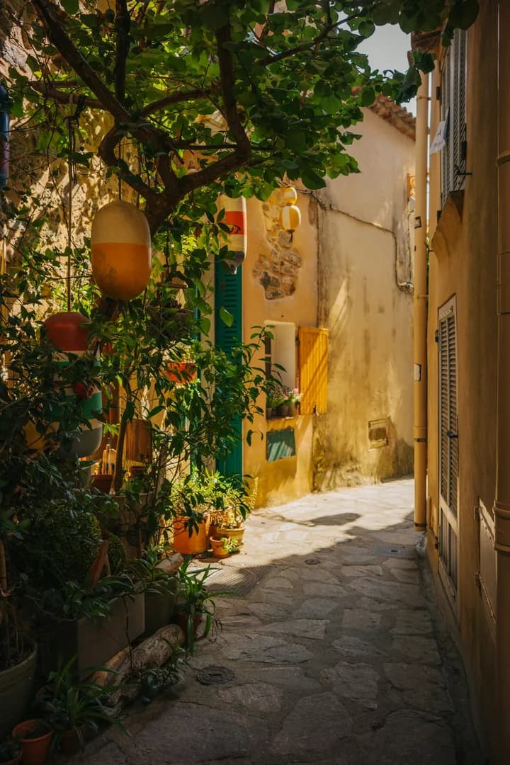 Callejón de piedra con paredes amarillas, plantas y boyas de pesca.